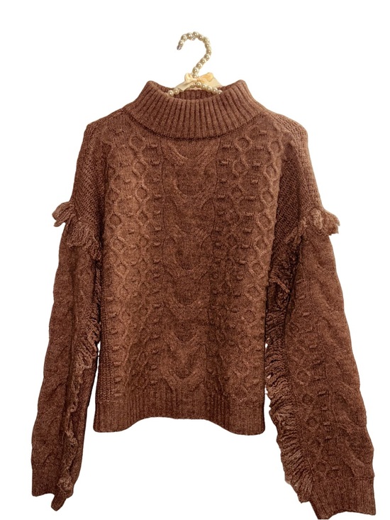 A.N.A. A New Approach Sweaters - Cozy Brown Cable-Knit Turtleneck Sweater with Fringe Sleeve Detail